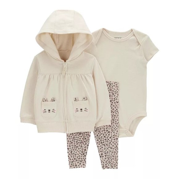 Baby Girl Carter's Cream 3-Piece Cat Print Little Jacket Set - Picture 1 of 4